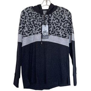 Dolcezza Sweater Womens Size Small 1/4 Zip Hooded Leopard Gray Black